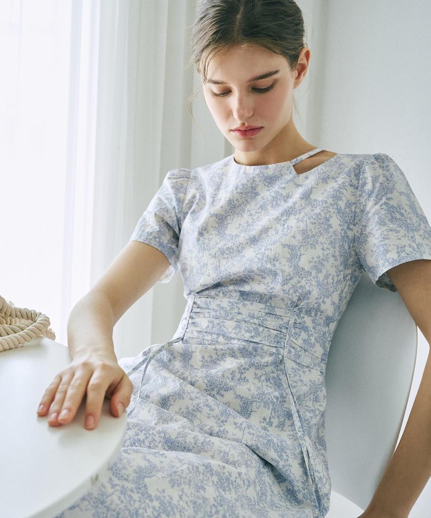 Etmont Neck Cut-Out Shirring Dress Light Blue