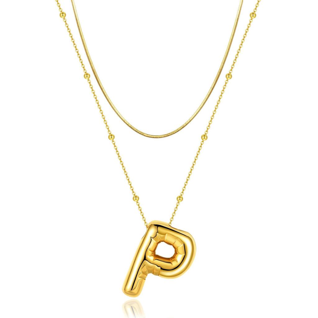 14K Double Round Snake Bone Chain Bead Chain Biscuit Balloon Letter Neck Chain Bubble Letter Foam Letter Necklace
