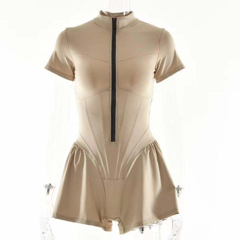 

Western Style Sexy round Neck Short sleeve Zip-up Jumpsuit Short Sleeved Zippered Jumpsuit Apricot S