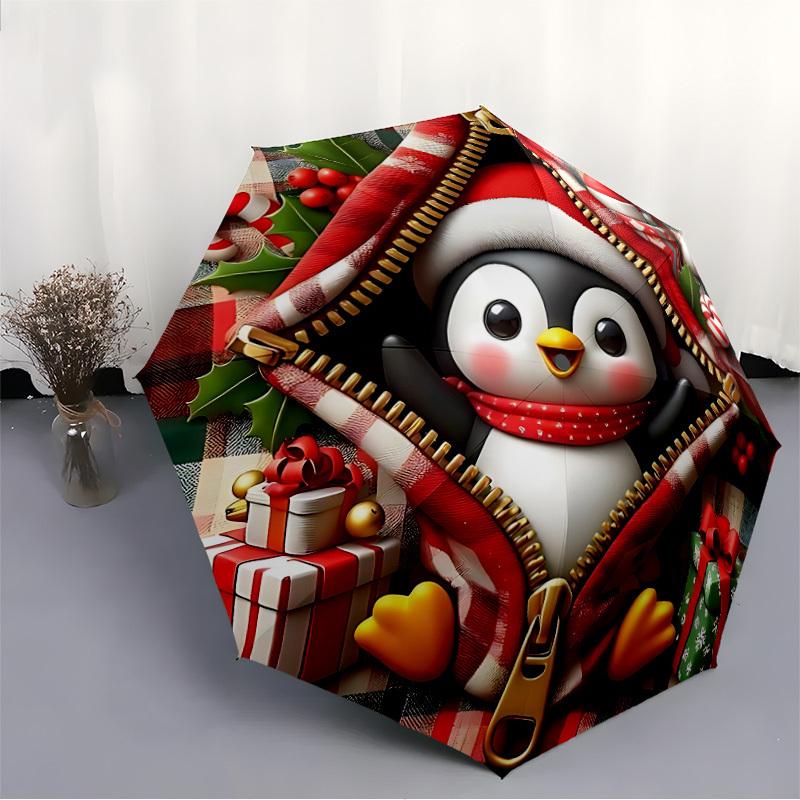 1pc Penguin Christmas Automatic Open/Close Umbrella, Windproof, Folding Compact Umbrella with Lightweight Design for Women/Men003