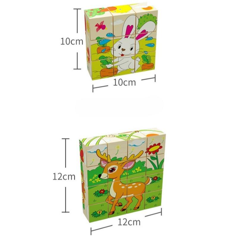 Early Education Wooden Puzzle Blocks Children's Intelligence Development Toys Six-Sided Picture 3D Puzzle Blocks for Kindergarte