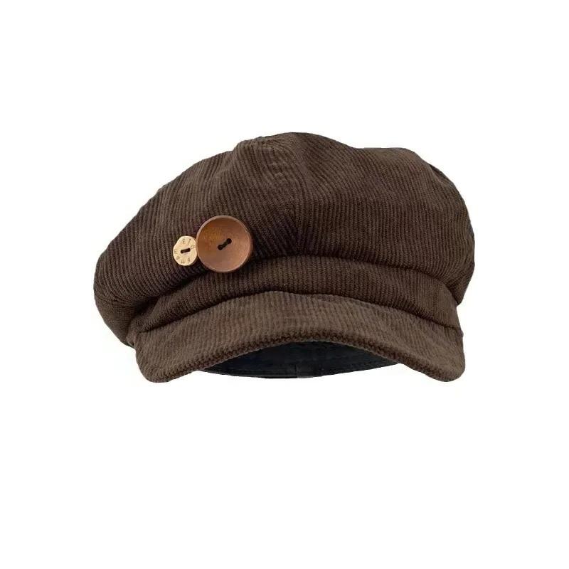 Vintage Corduroy Beret Hat For Women Korean Button Octagonal Cap Autumn Winter Painter Artist Hats Japanese Brown Peaked Caps