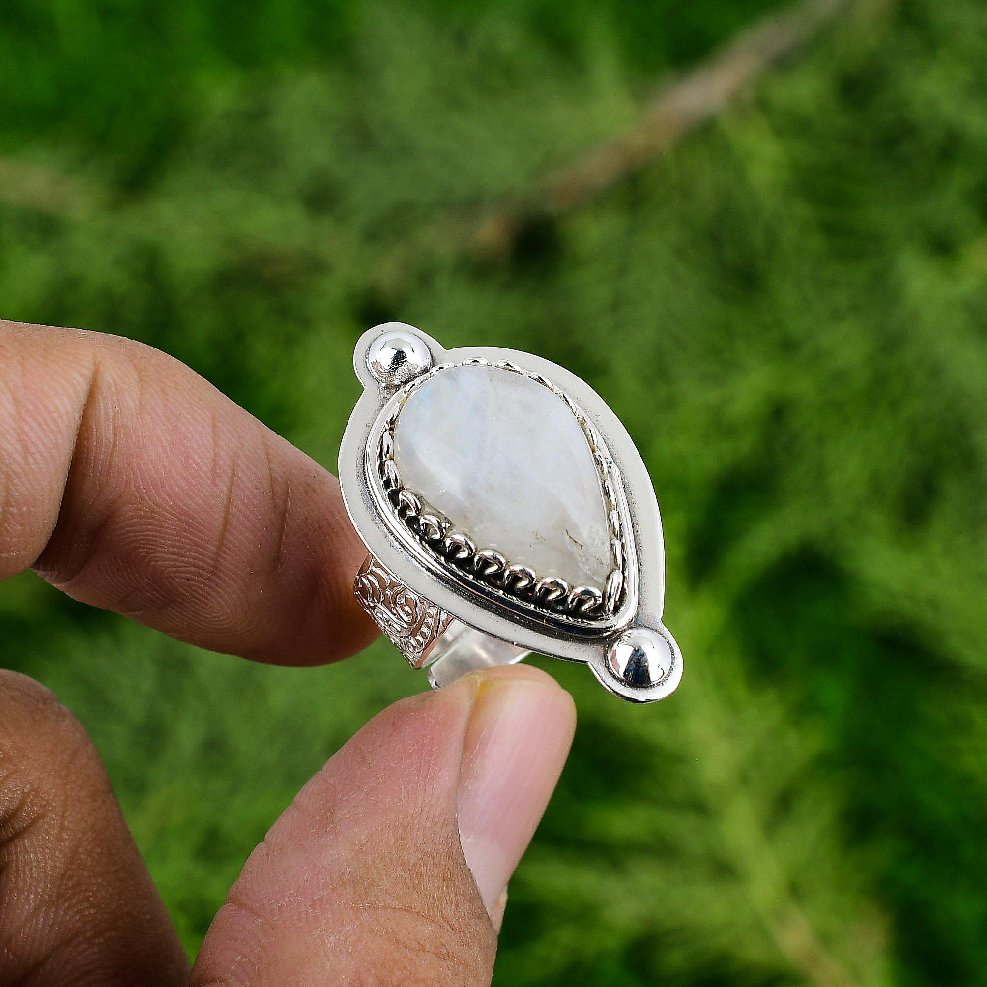 

Rainbow Moonstone Stone Sterling Silver Bezel Birthday Solitaire Ring Jewelry Adjustable