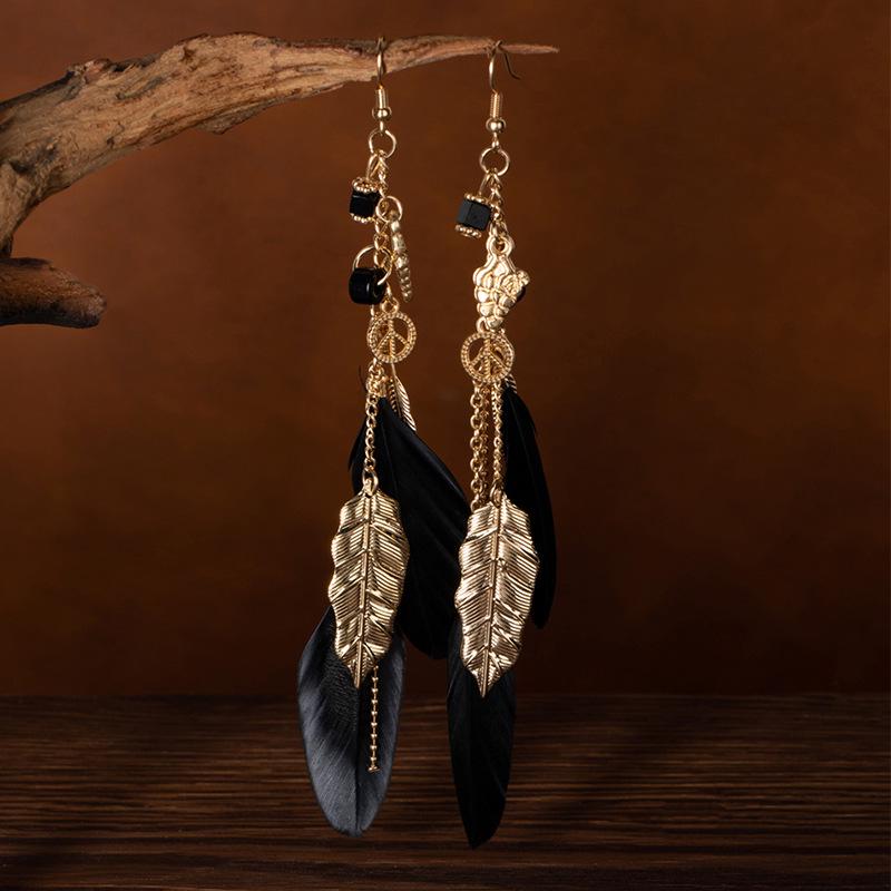 Bohemian Vintage Leaf Feather Earrings - Ethnic Style Long Chain Ear Hooks for Women