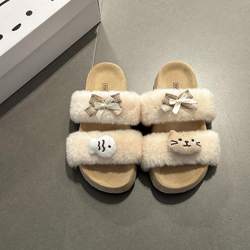 Soft Cute Suede One-word Fluffy Shoes for Women To Wear Autumn and Winter New Fashion Casual Thick-soled Cotton Slippers