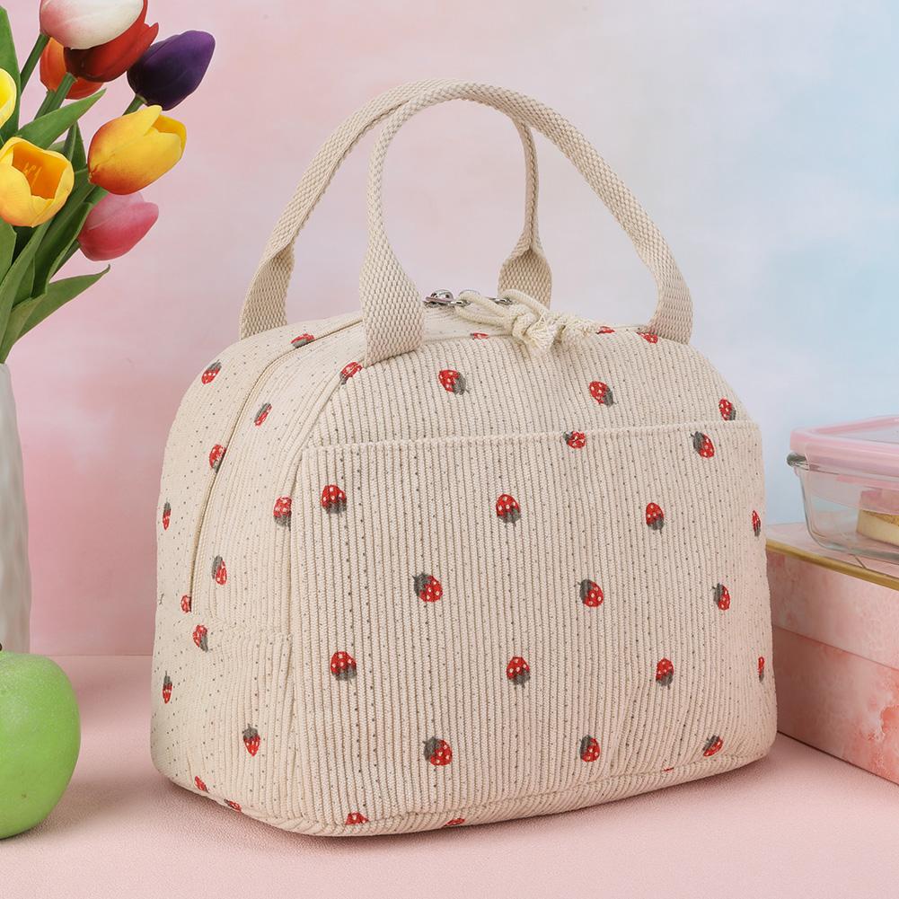 Strawberry/Daisy Corduroy Lunch Tote Bag Large Capacity Insulated Lunch Bag Multi-Function Cute Lunch Bag for Women Girls Kids