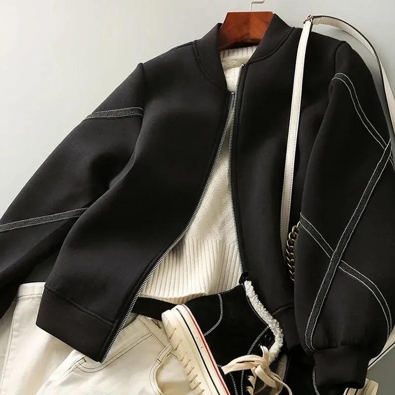 Chic Black Women's Bomber Jackets High Street Jacket Spring Autumn Bomber Long Sleeves Casual Baseball Cropped Jacket