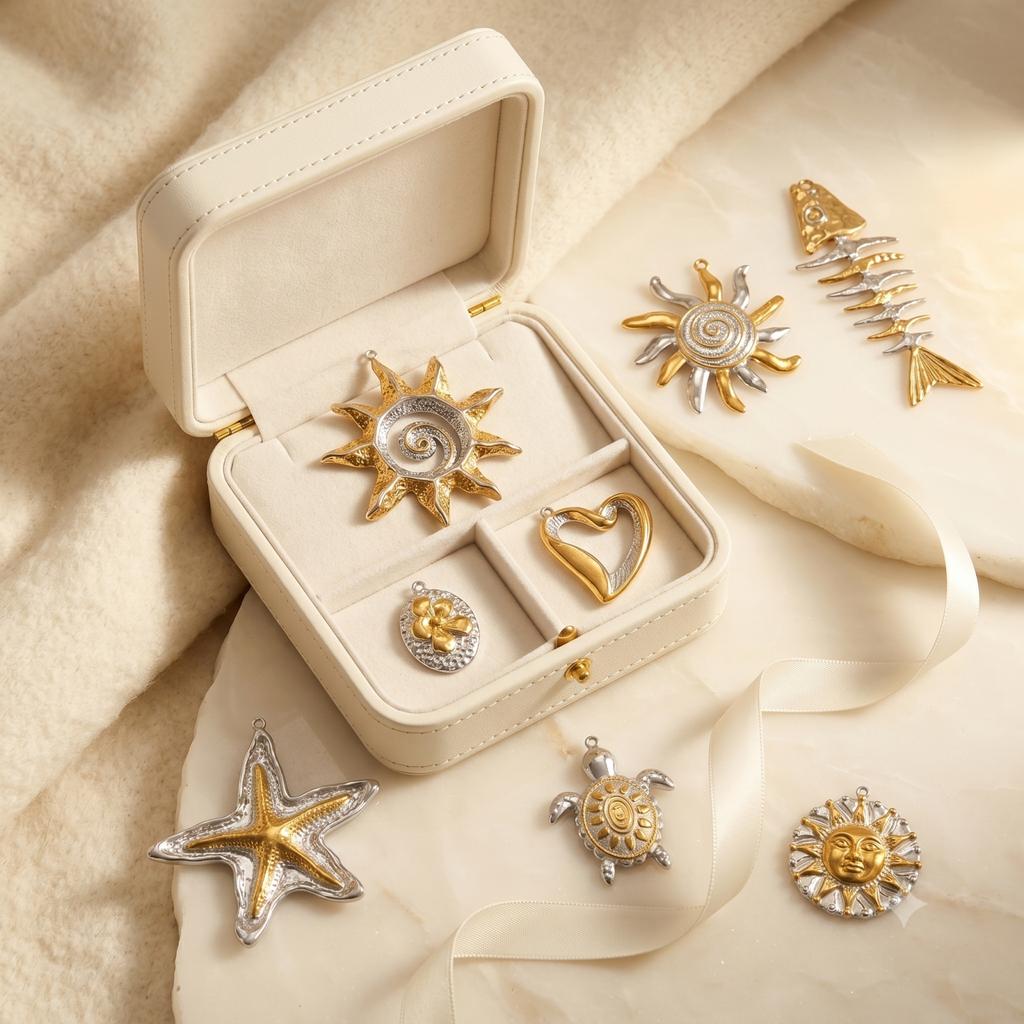 2 PCs 304 Stainless Steel Ocean Charms Starfish Turtle Sun  Flower18K Gold Plated & Silver Tone Two Tone Pendants DIY Necklace