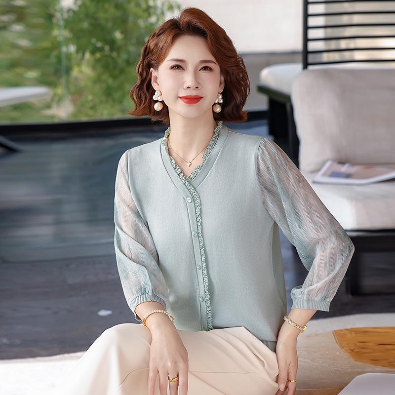 

2026 Stylish V-Neck Seven-Sleeve Knit Cardigan for Middle-Aged and Elderly Women – Summer Top 3XL (120-135 lbs) зелёный