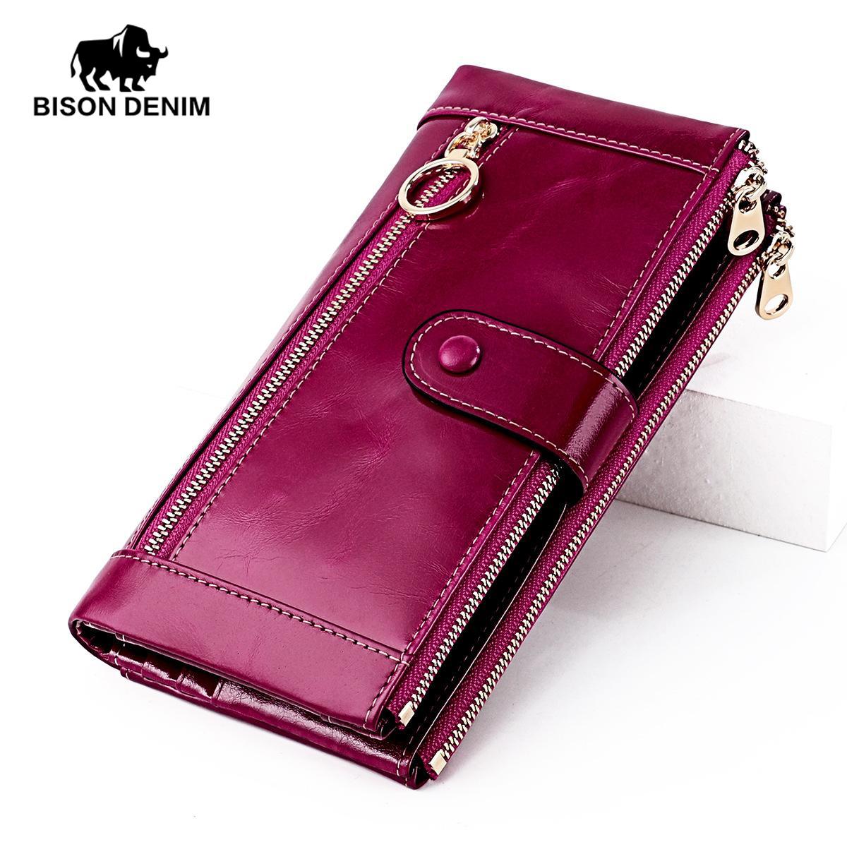 

BISON DENIM Модные женские кошельки из натуральной кожи Длинные масляные коровьи кожи на молнии с держателем для кредитных карт кошелек кошелек