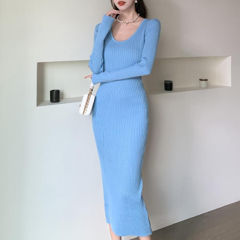 Autumn and Winter New Slim Fit Base Knitted Sexy Dress Women Elegant Mid Length V-neck Sweater Dress Women Solid High Waist Casual Party Dresses 25956