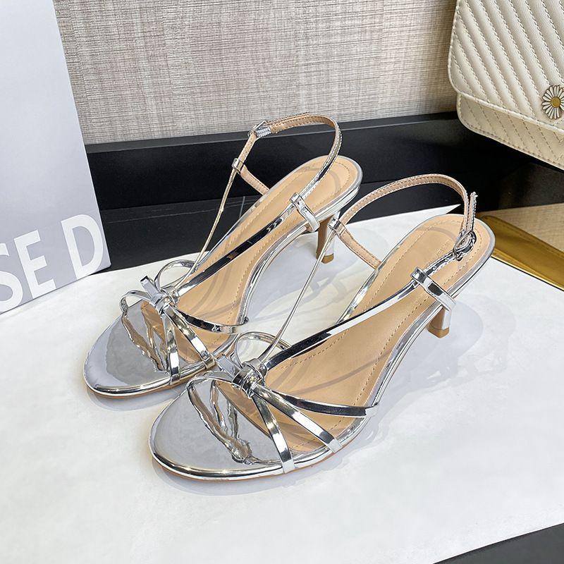 

2025 summer Internet celebrities new one-word buckle temperament high heels women s fine heels beautiful nude strap sandals versatile 39 серебряный
