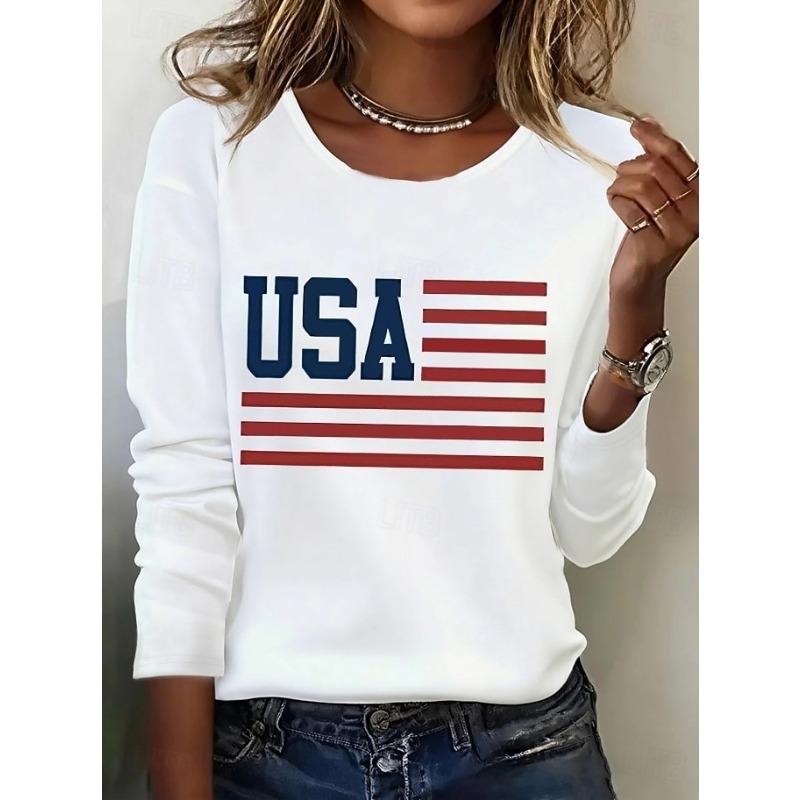 Women s T Shirt Print Graphic Flag American Flag Stylish Classic Casual Long Sleeve Crew Neck Regular Tops S