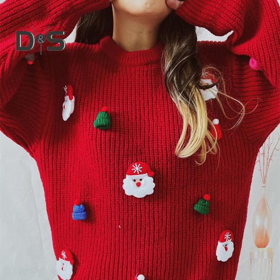 Women Christmas Sweater Santa Claus Xmas Hat Decor Loose Fit Knitting Tops Round Neck Long Sleeve Autumn Winter Sweater