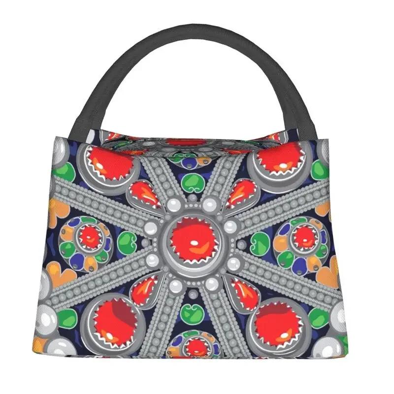 Tafzimth Kabyle Fibula Style Insulated Lunch Tote Bag for Women Ethnic Geometric Berber Portable Cooler Thermal Food Lunch Box