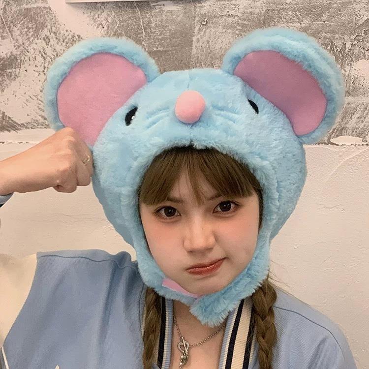 Cartoon cute little blue mouse upright ear plush pullover hat children autumn and winter sweet and versatile outdoor warm ear protection headgear