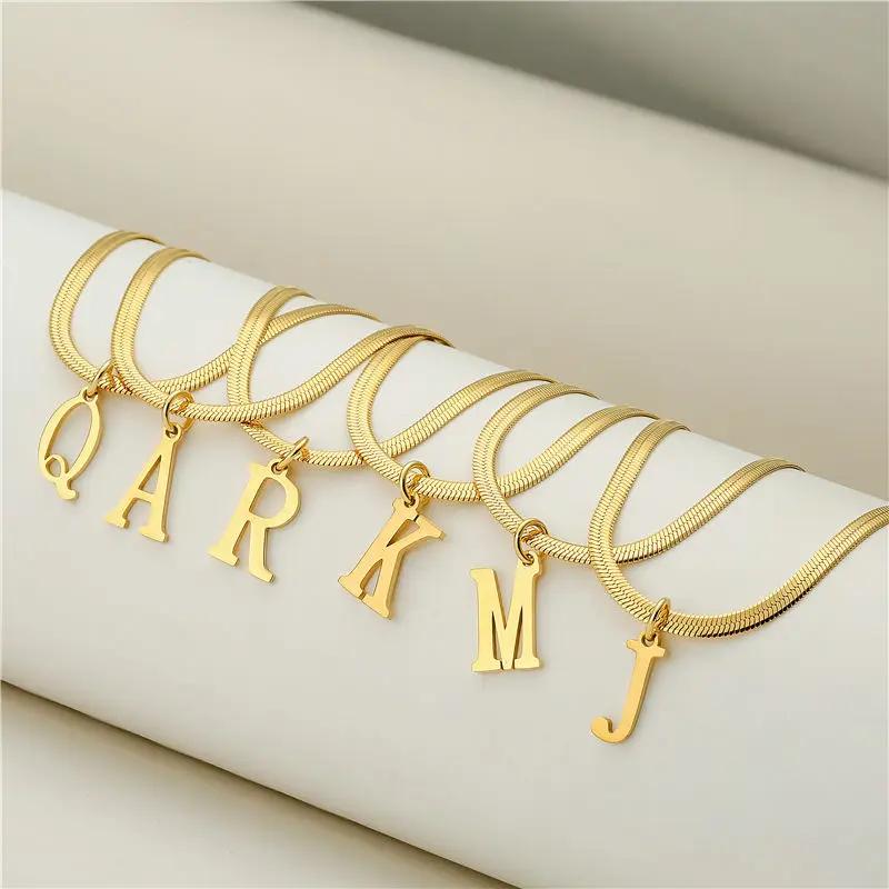 

A-Z 26 Letter Gold Plated Stainless Steel Pendant Women Necklace Snake Chain Initial Letter Clavicle Necklaces Collar Zircon A&40cm