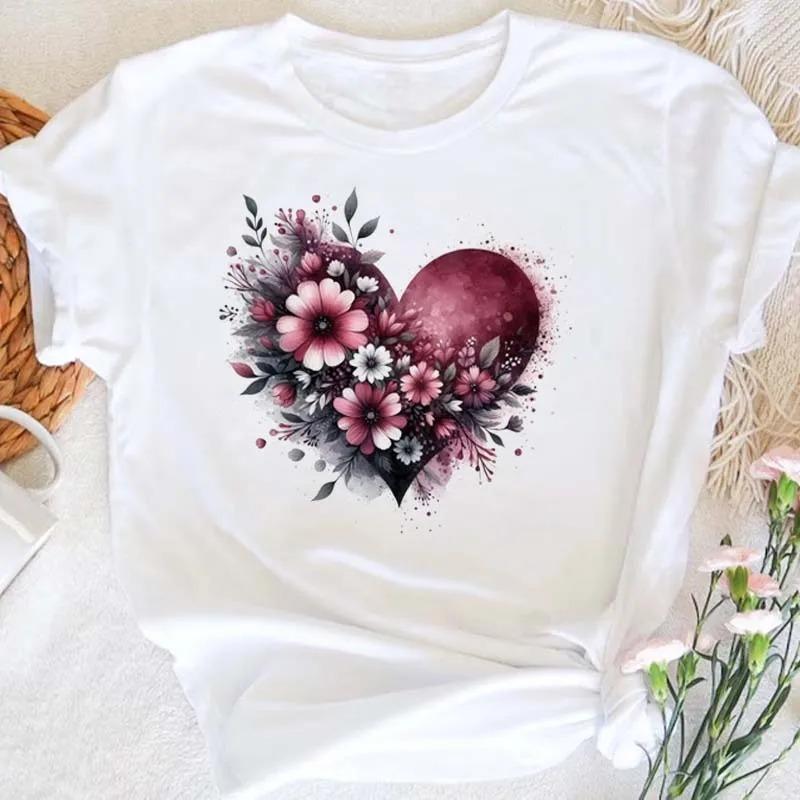 Floral Print Tshirt New Summer Style Heart Pattern Womens Round Neck Shortsleeved Casual Versatile Top Exquisite Clothing S