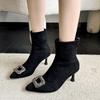 Fashion Suede Rear Zip Block Heel Single Boots Fall New Pointed Toe Rhinestone Square Buckle Non-Slip Wear-Resistant Short Shoe