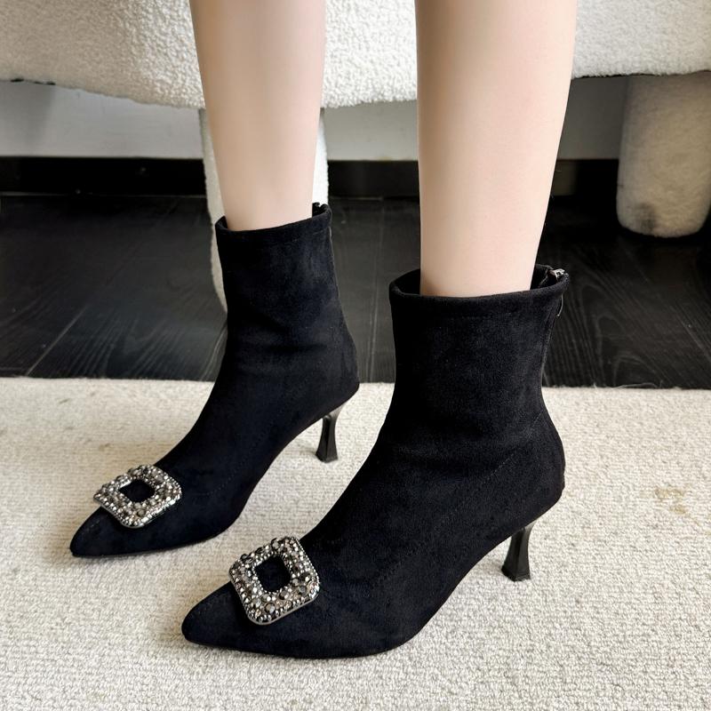 Fashion Suede Rear Zip Block Heel Single Boots Fall New Pointed Toe Rhinestone Square Buckle Non-Slip Wear-Resistant Short Shoe