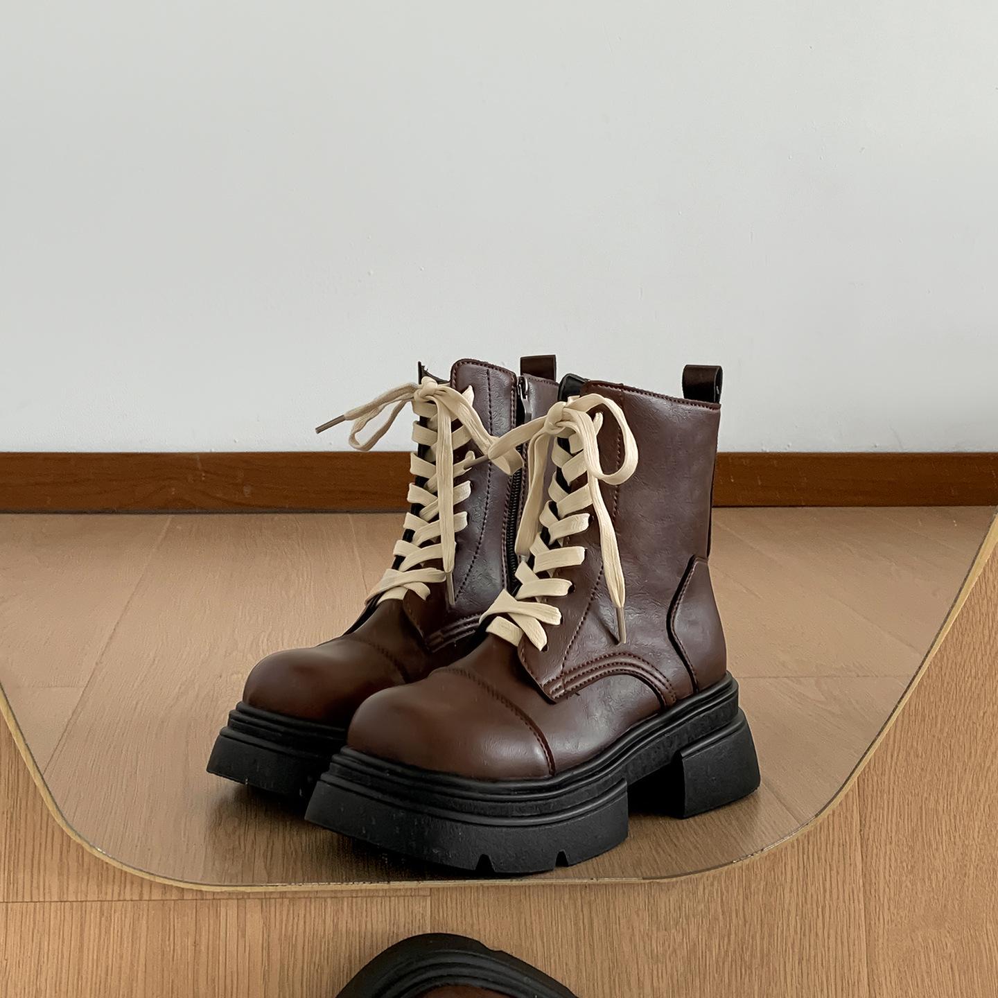 

Retro black premium British style platform Martin boots women s 2025 new summer with skirt casual short boots 39 коричневый