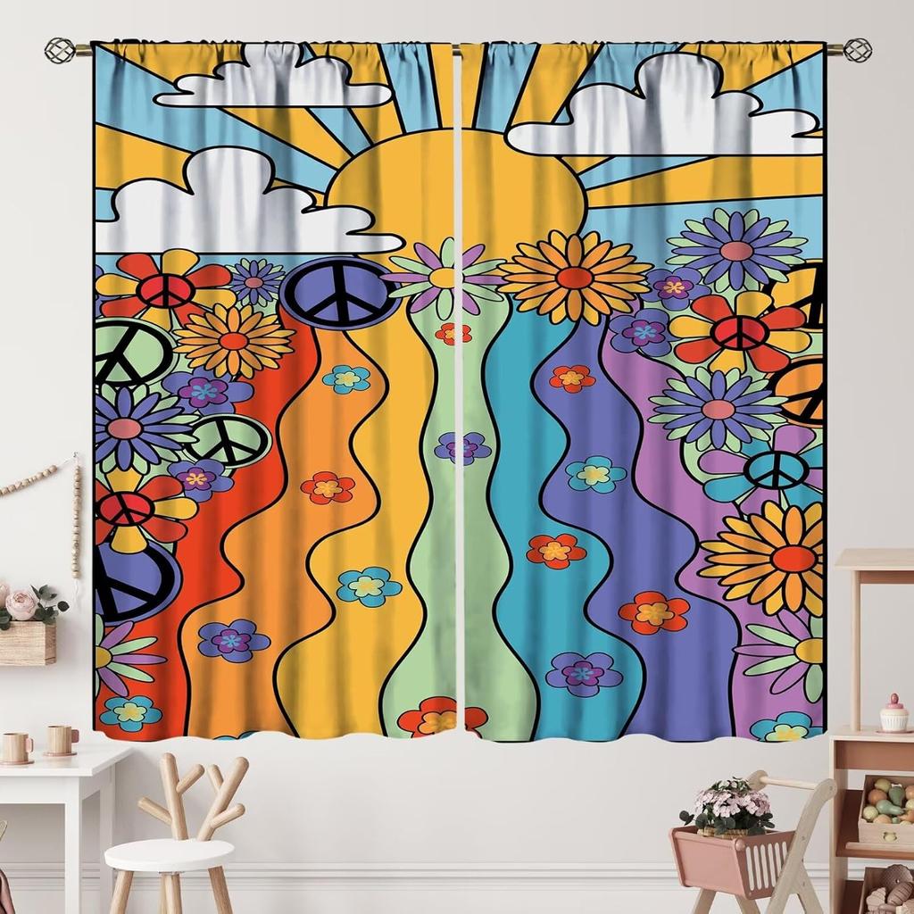 Geometrisch Groovy Patroon Gordijnen Vintage Jaren 70 Retro Jaren 60 Abstracte Kunst Esthetisch Gordijn met Stangzak voor Slaapkamer Woonkamer
