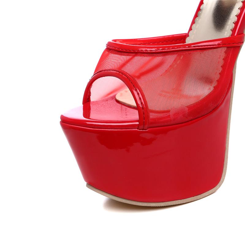 Módní síťované sandály Dámské letní boty Platforma Luxusní Červená Bílá Žabky Dámské Sexy 16cm Extrémně Vysoké Podpatky Striper Boty