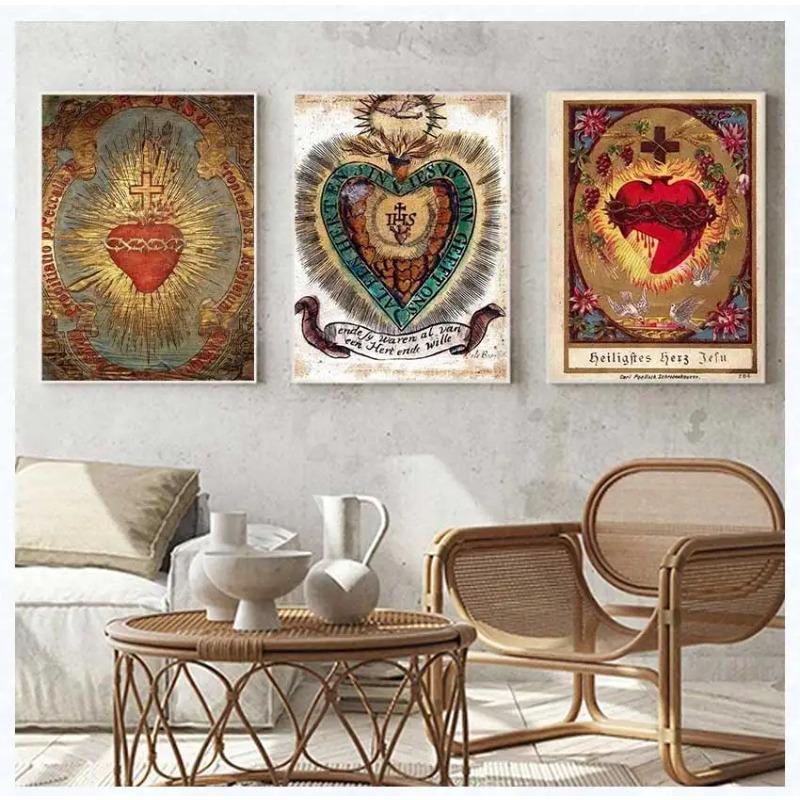 Art Print Mary Religious Canvas Painting Abstract Christian Wall Decor for Home Vintage Sacred Heart of Jesus