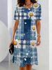 3D Retro Geometric Print Vacation Style Elegant A-line Dress Women's Short Sleeve Round Neck Casual Mini Dress Vestidos De Mujer
