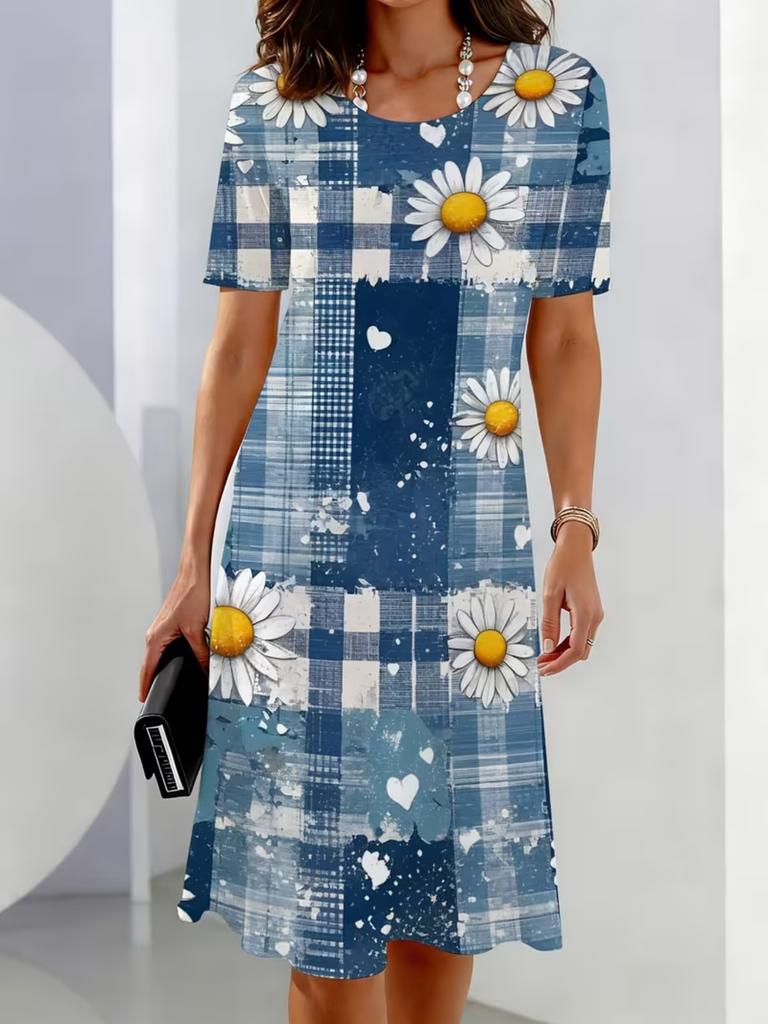 3D Retro Geometric Print Vacation Style Elegant A-line Dress Women's Short Sleeve Round Neck Casual Mini Dress Vestidos De Mujer