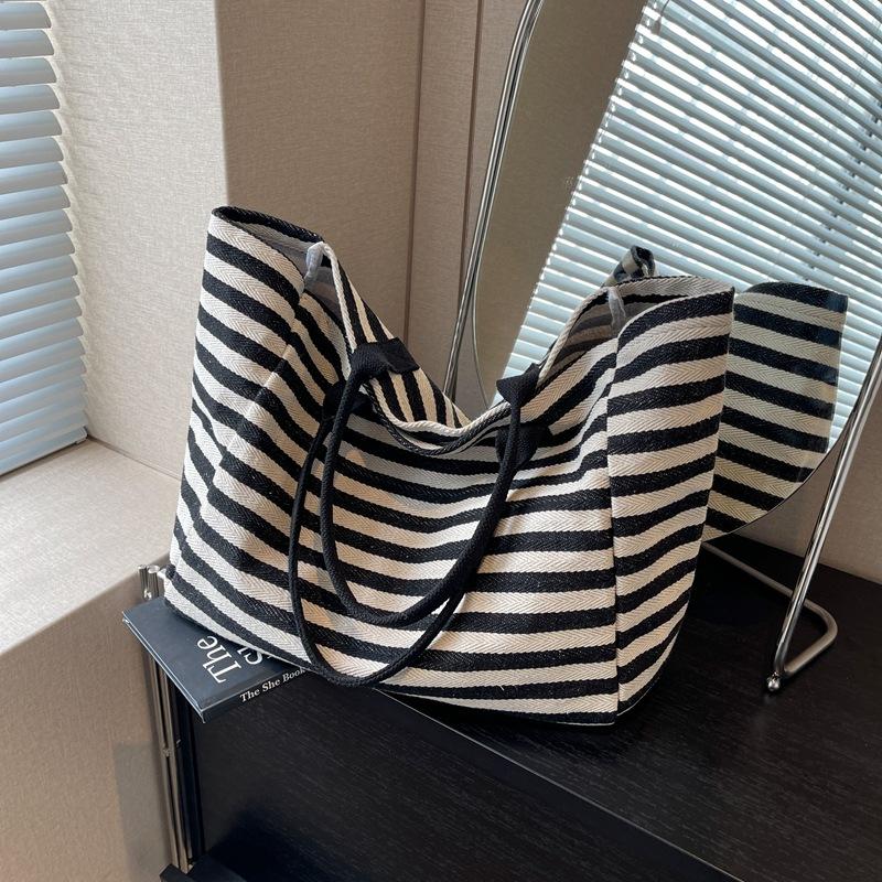 Trendy Simple Stripe Design Tote Bag For Girls Women Canvas Shoulder Bag Ladies Shopping Bags Handbags