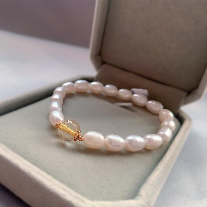 Recommended Natural Pearl Strawberry Amethyst Elastic Simple Versatile14K Gold bracelet with exquisite handmade beads