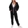 Women's Fashion Hooded Long Sleeve Solid Color Zipper Elastic Waist Loose Sweatshirt Set