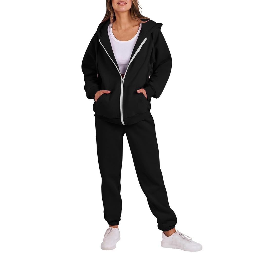 Women's Fashion Hooded Long Sleeve Solid Color Zipper Elastic Waist Loose Sweatshirt Set