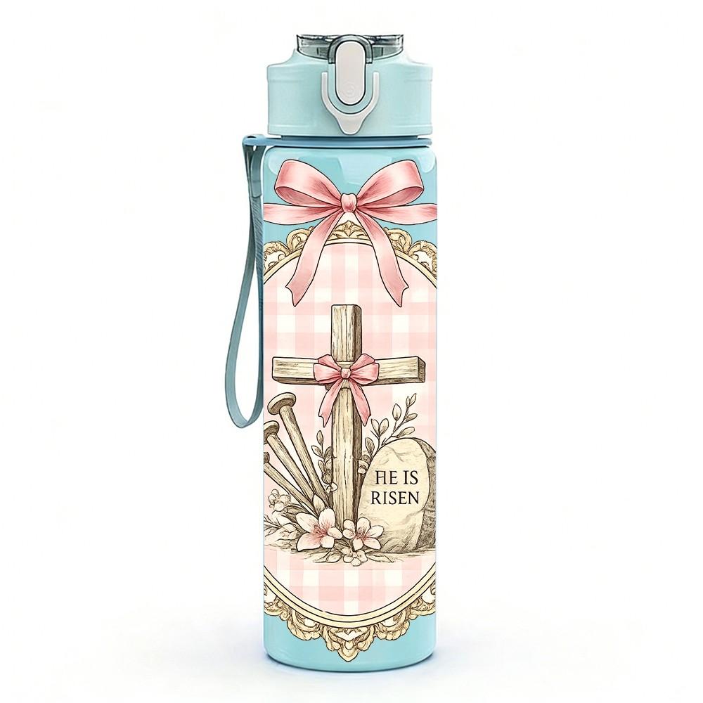 1PC Lace Bow Cross Religious Vintage Print 750ml Color Plastic Sports Water Bottle Leakproof Flip Straw Lid Suitable for Sports Office Home Use