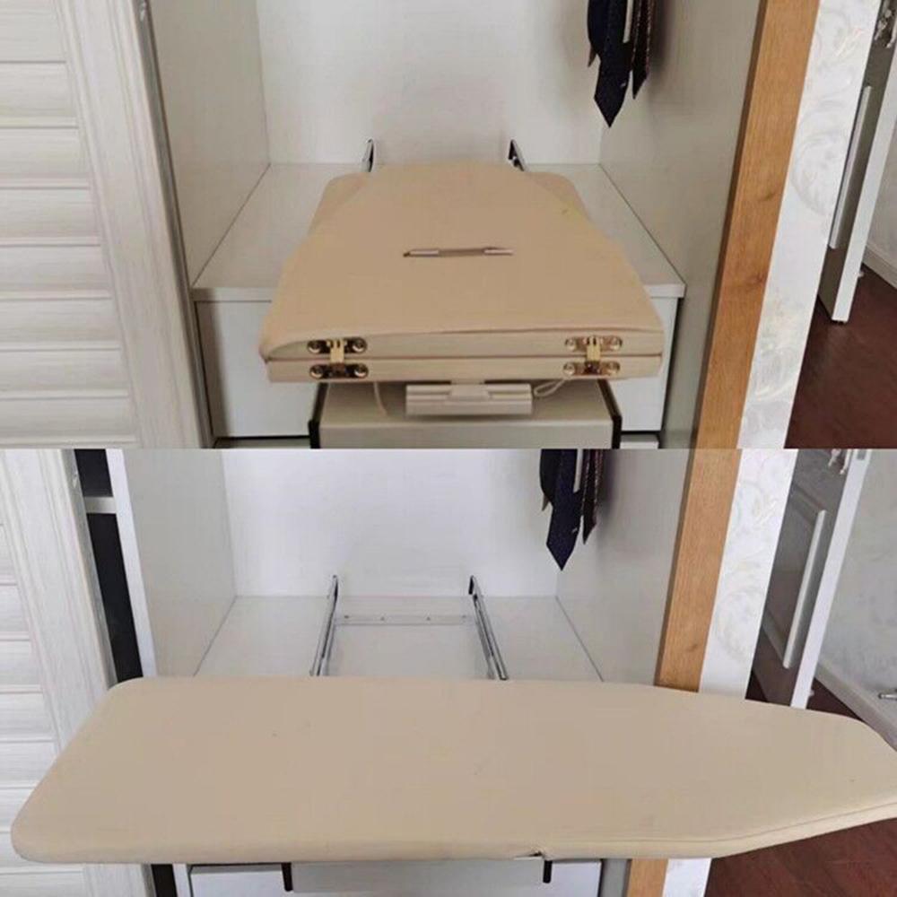 Telescopic, foldable, and rotatable ironing board with pull-out storage inside the cabinet beige