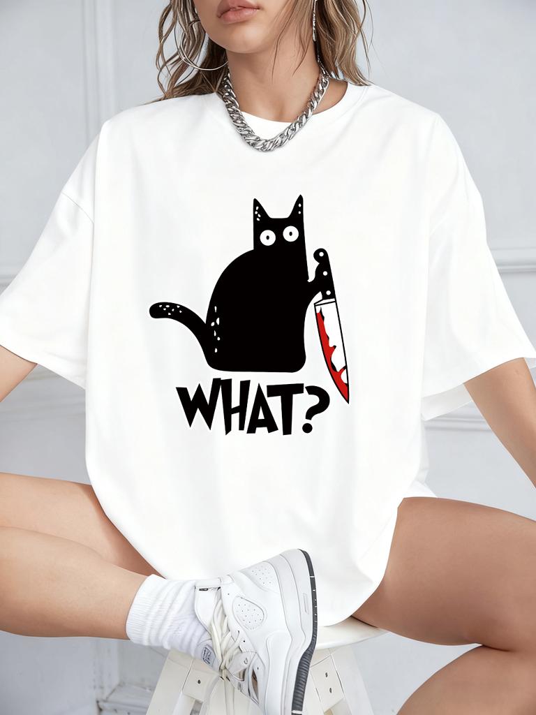Schwarze Katze mit Messer Aufdrucken Kurzarm T-Shirts Damen Sommer Baumwolle T-Shirts Locker O-Ausschnitt Weiche Oberteile Streetwear