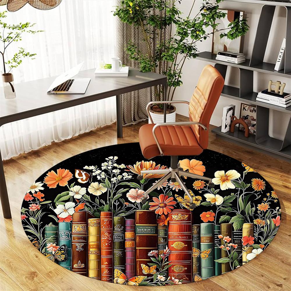 1pc Butterfly Library Pattern Office Round Rugs, Under Chair Round Rugs for Living Room, Bedroom, Bathroom Decoration Carpet 091853