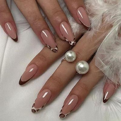 24Pcs Almond Fake Nail Glues On Nail French Tip Press On Nail,Artificial False Nail Stick On Nail for Womens Girls