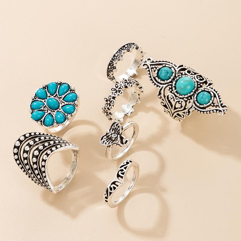 European and American Popular Accessories Retro Ethnic Style Turquoise Elephant Geometric Graphic 7-piece Silver Ring Set