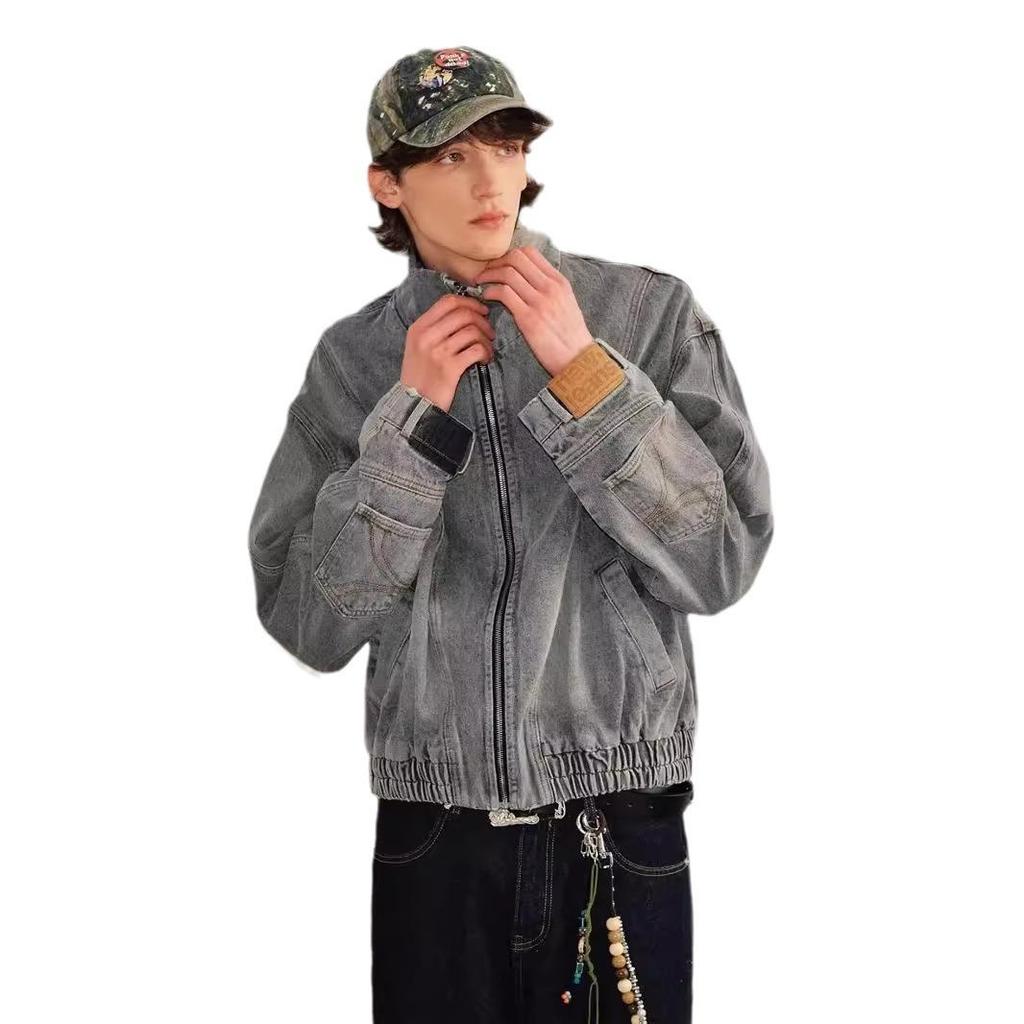 Men's Retro Denim Jacket - Washed, Distressed, Inverted Design, Trendy American Workwear Style.
