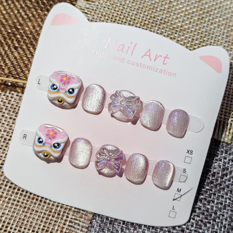 Cartoon Lion Dance Cat Eye Nail Art for Kids Aged 3-12 - Cute, Handmade, Wearable False Nail Patches