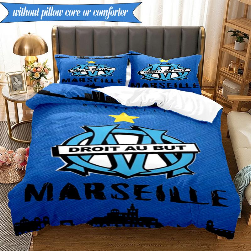 3PCS Olympique Football Crest Printed Soft Bedding Set,Including 1pc Duvet Cover And 2pcs Pillowcases Perfect for Bedroom, Dormitory, Fan gift