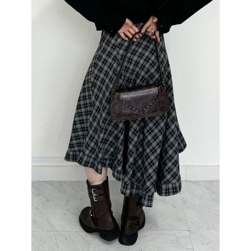 H's European and American Women's Clothing Street Retro Asymmetrical Plaid Skirt Niche Art Ruffles Skirt Mid-Length Skirt