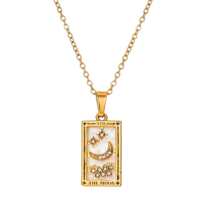 Stainless Steel Geometric Pendant Necklace With Zircon Inlay Tarot Card Charm O-Link Chain Women Men Hypoallergenic Layered