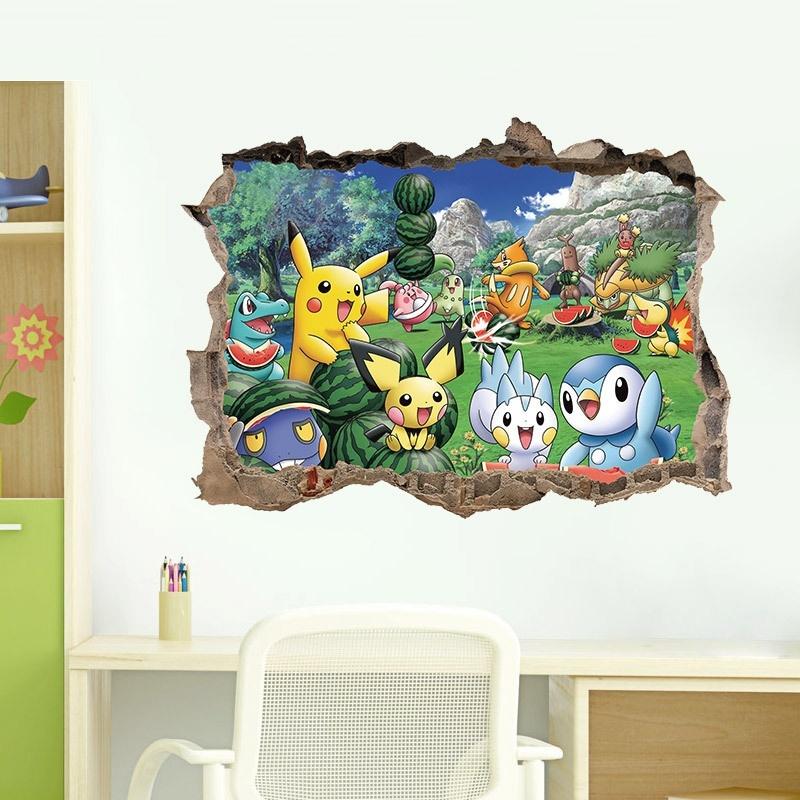 3D Cartoon Broken Wall Stickers Children's Room Pokemon Wall Stickers Children's Room Decoration Painting Background Mural