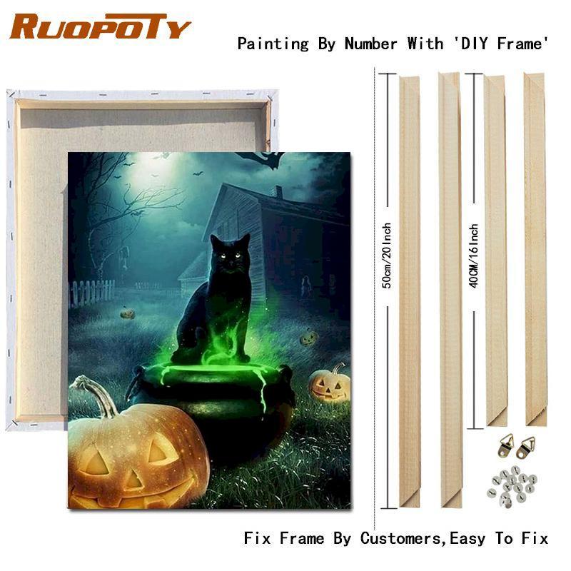 RUOPOTY Painting By Number Cat Animals DIY Frame Acrylic Handpainted Drawing On Canvas Autumn Pumpkin Gift Home Decoration
