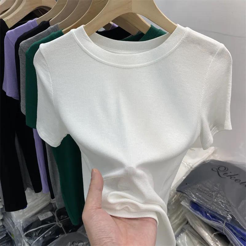 Tricou de damă de înaltă calitate, din mătase glacială, culoare solidă, croială slim, cu mânecă scurtă