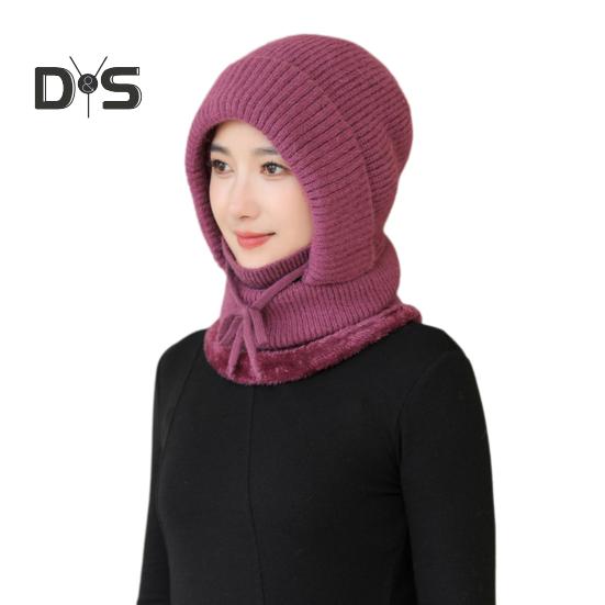 

Женская зимняя шапка со встроенным шарфом, толстый искусственный мех кролика, теплая трикотажная ветрозащитная, высокая эластичность, полная защита, подходит для путешествий на открытом воздухе в холодную погоду темно-розовый