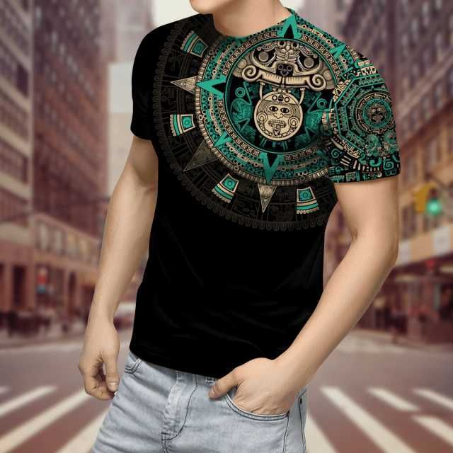 Summer Round Neck 3D Aztec Inspired Pattern Print Top Fashionable Casual Short Sleeved Men's T-shirts